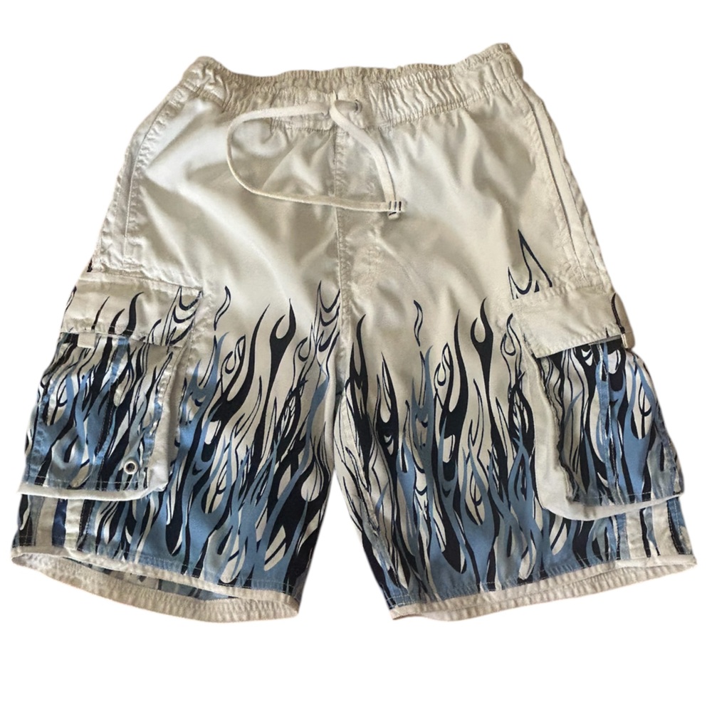 SB Blue Flame Board Swim Trunks Y2K Surf Skate Cargo Pocket Drawstring Medium